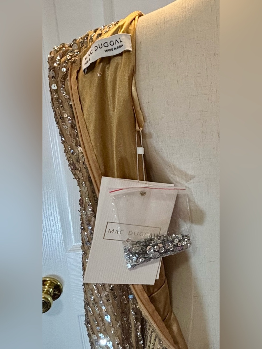 Mac Duggal Sequin Embellished With Cuff Sleeves Gown Vanilla/Silver #5720 - Picture 6 of 11
